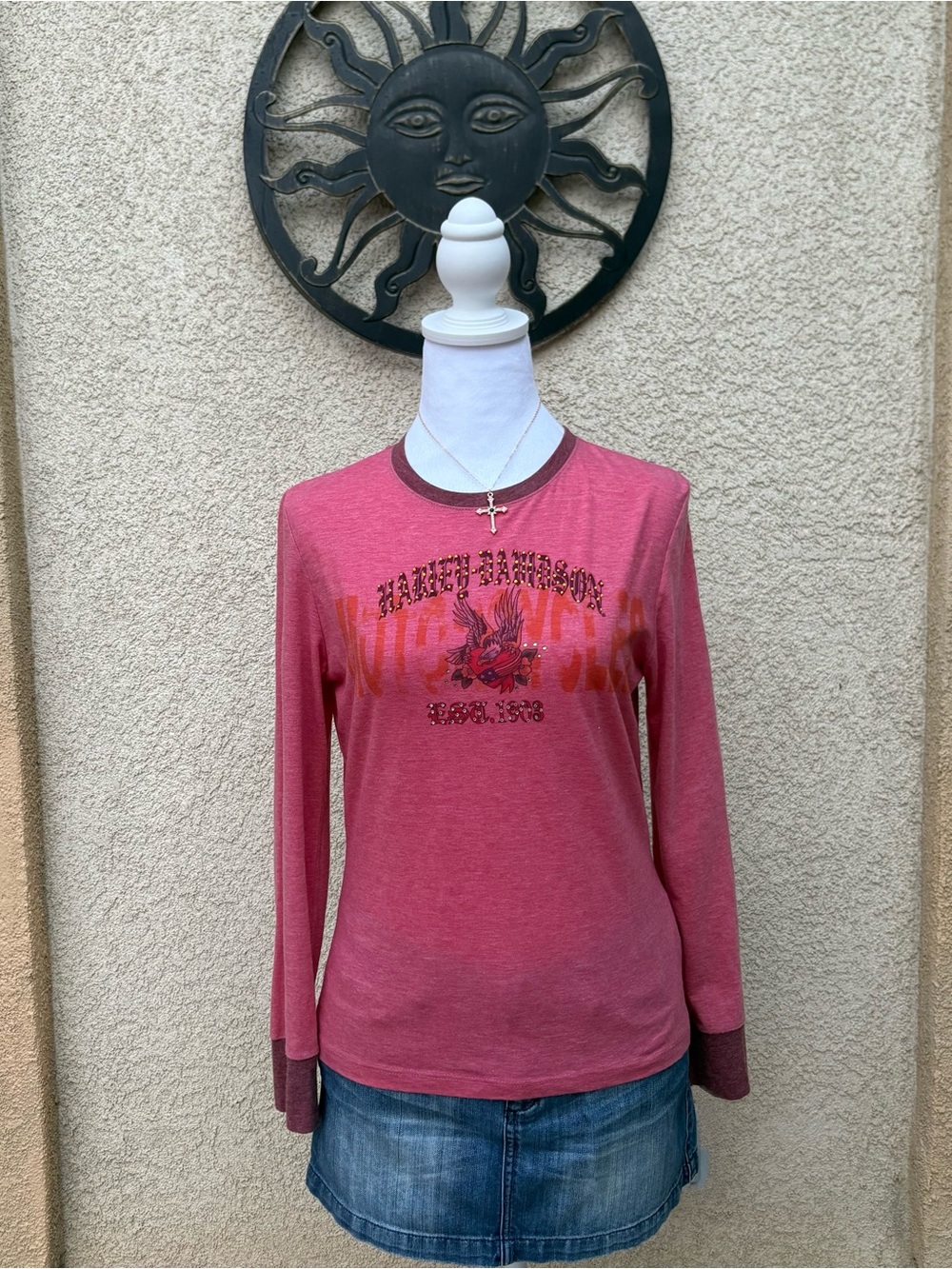 Harley Davidson Graphic Rhinestoned Long Sleeve T-Shirt Biker Grunge Y2K